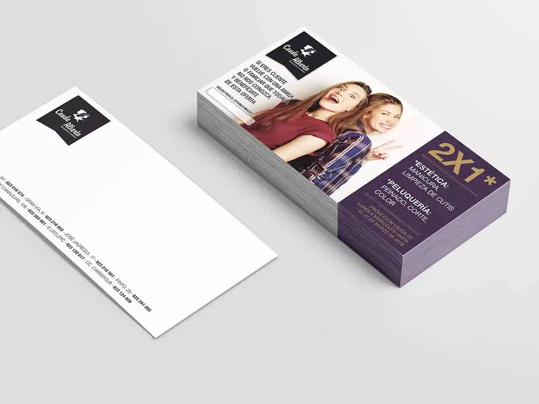 Diseño de flyer promocional y publicidad para Cande Alberto - La Fazctoria Diseño de flyer publicitario y cupón 2x1 para Cande Alberto Peluquería y Estética realizado por La Fazctoria