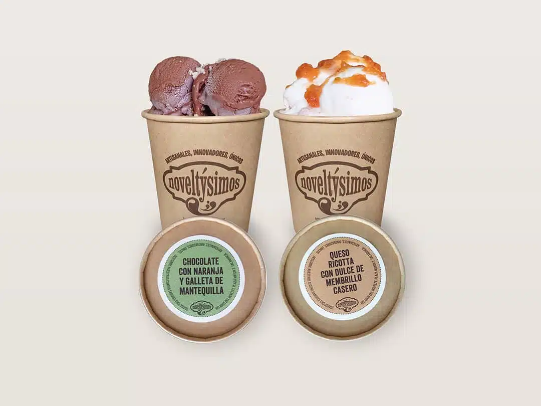Diseño de packaging y etiquetado para helados Noveltýsimos - La Fazctoria Diseño de packaging y etiquetas de tarrinas de helado para Noveltýsimos realizado por La Fazctoria