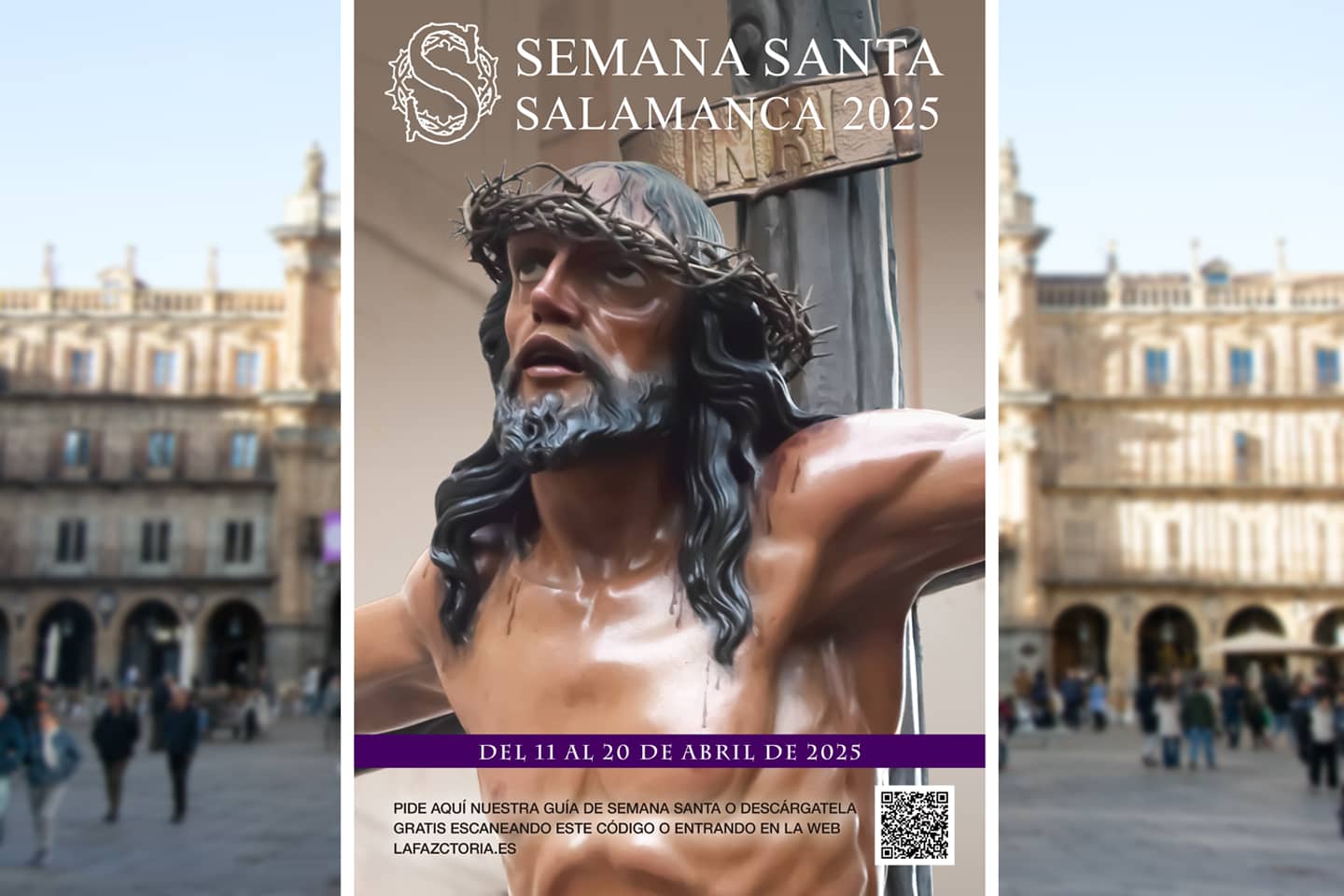 Cartel y portada de la guía de la Semana Santa de Salamanca 2025 diseñada por La Fazctoria con la imagen del Cristo crucificado