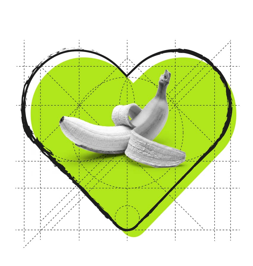 Diseño de packaging y envoltorio de producto - La Fazctoria Plátanos en blanco y negro con uno medio pelado sobre el corazón verde corporativo para el servicio de diseño de packaging de La Fazctoria