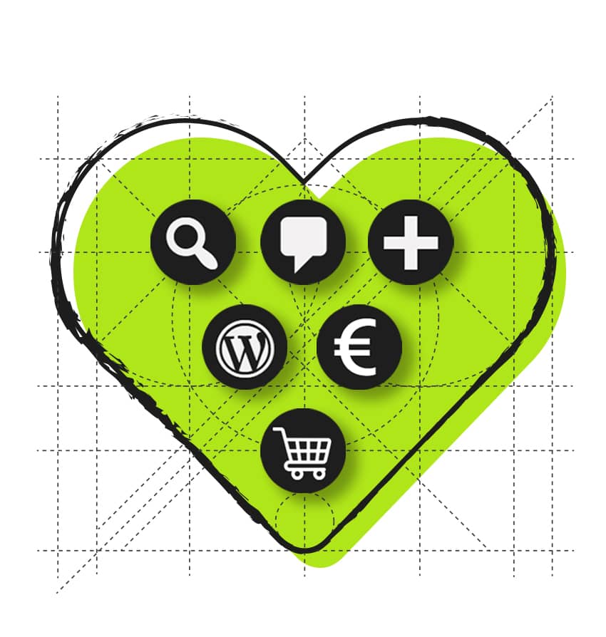 Iconos de herramientas digitales como WordPress, lupa SEO, carrito de compra y símbolo de euro sobre un corazón verde corporativo de La Fazctoria