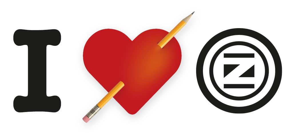 Pasión por el diseño en La Fazctoria - I Love Design Composición gráfica que forma "I Love La Fazctoria" con la letra I, un corazón atravesado por un lápiz y el isotipo de la marca