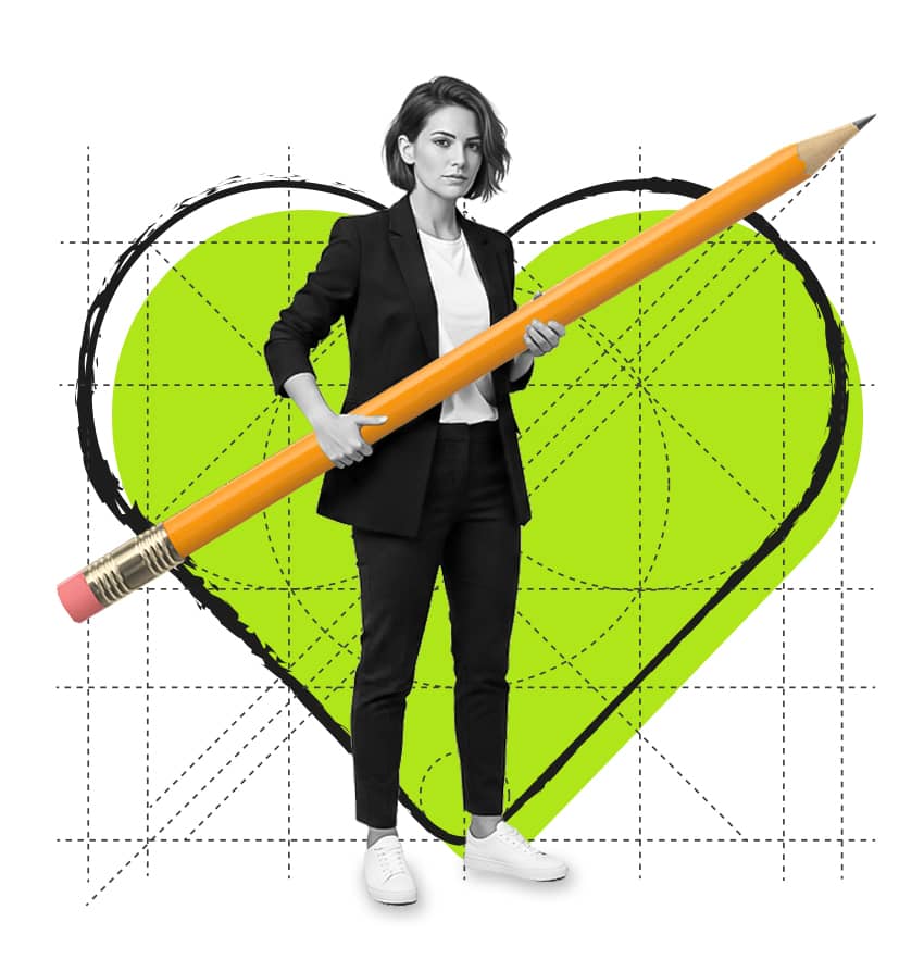 Mujer en traje sosteniendo un lápiz gigante junto a una barra de herramientas de diseño sobre un corazón verde corporativo para el servicio de diseño gráfico de La Fazctoria