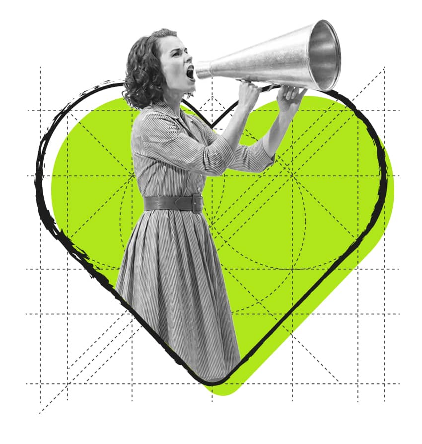 Mujer en blanco y negro gritando por un megáfono sobre un corazón verde corporativo para el servicio de gestión de redes sociales de La Fazctoria