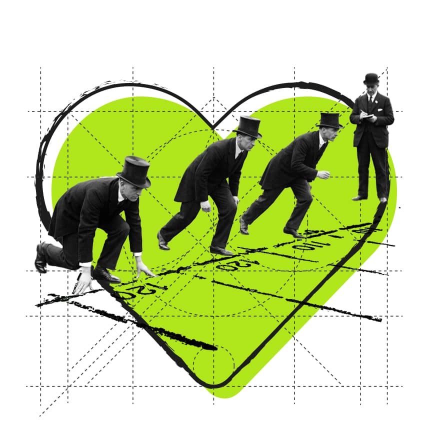 la Fazctoria servicios 06 Ilustración de hombres de época en una línea de salida de carrera sobre un corazón verde corporativo para el servicio de SEO de La Fazctoria