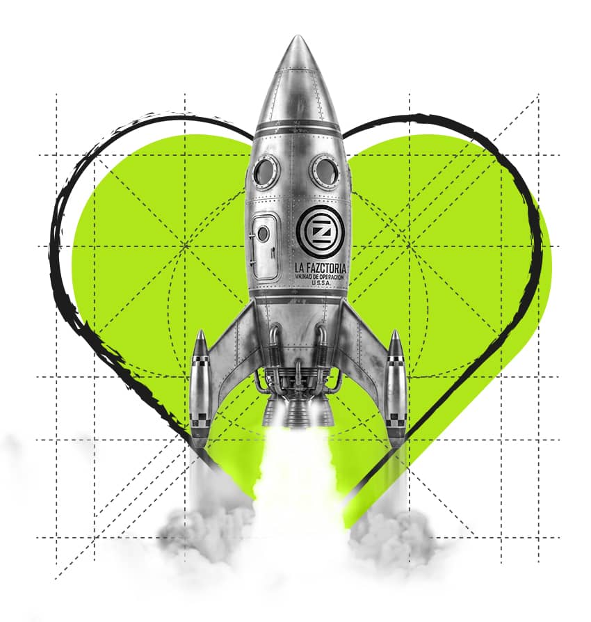 Haz despegar tu proyecto digital con La Fazctoria Cohete espacial de estilo retro despegando con el logo de La Fazctoria sobre un corazón verde corporativo para llamadas a la acción y SEO