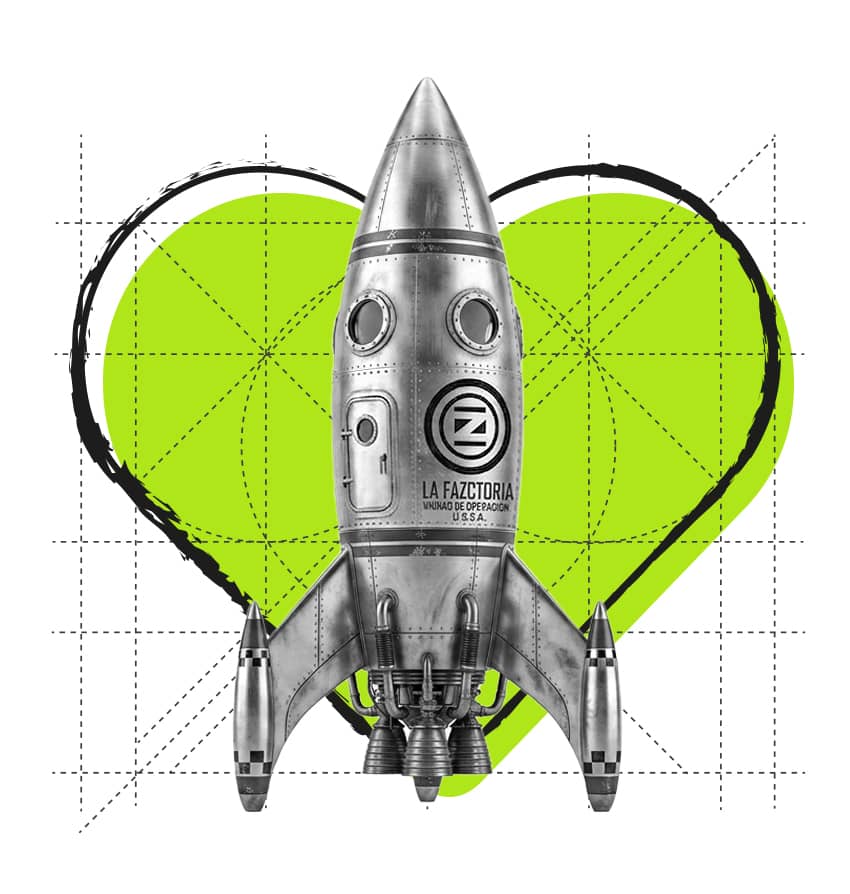 Preparados para hacer despegar tu proyecto web - La Fazctoria Cohete espacial metálico estilo retro de La Fazctoria en posición de despegue sobre un corazón verde corporativo