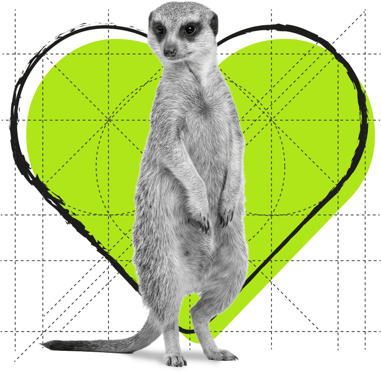 Quiénes somos - Filosofía y equipo de La Fazctoria Suricata en blanco y negro erguida sobre un corazón verde corporativo con trazado geométrico para la sección Quiénes Somos de La Fazctoria